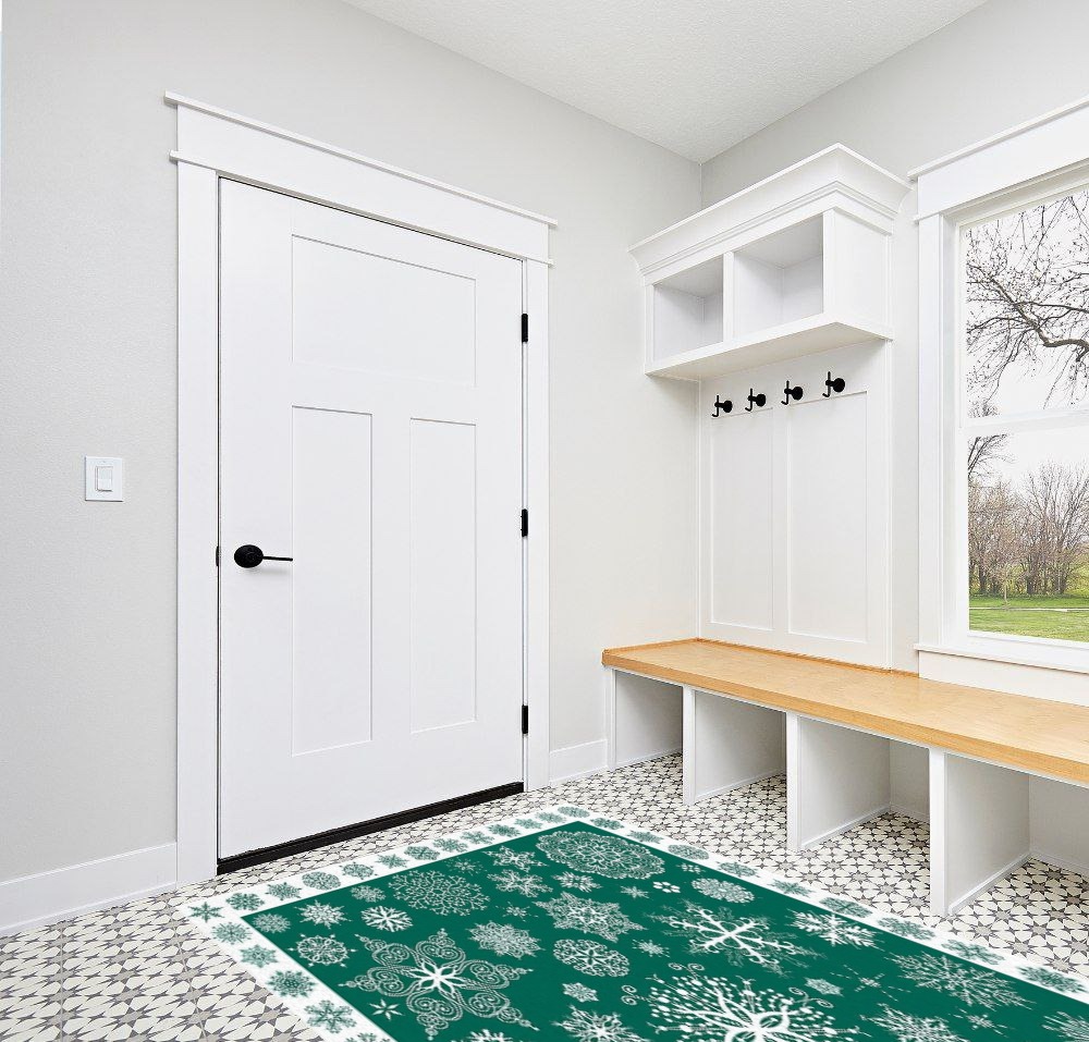 Christmas Area Rug 5 x 8, Washable Bedroom Rug Non-Slip Kitchen Rugs Non Shedding Floor Cover Mat Runner Rug for Living Room Dining Room Outdoor Carpet Seasonal Green Snowflakes Winter Xmas in White Modern Entryway