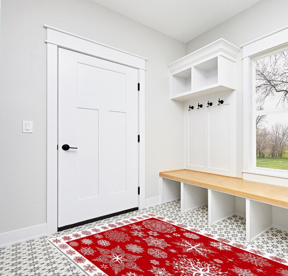 Christmas Area Rug 5 x 8, Washable Bedroom Rug Non-Slip Kitchen Rugs Non Shedding Floor Cover Mat Runner Rug for Living Room Dining Room Outdoor Carpet Seasonal Red Snowflakes Winter Xmas in White Modern Entryway