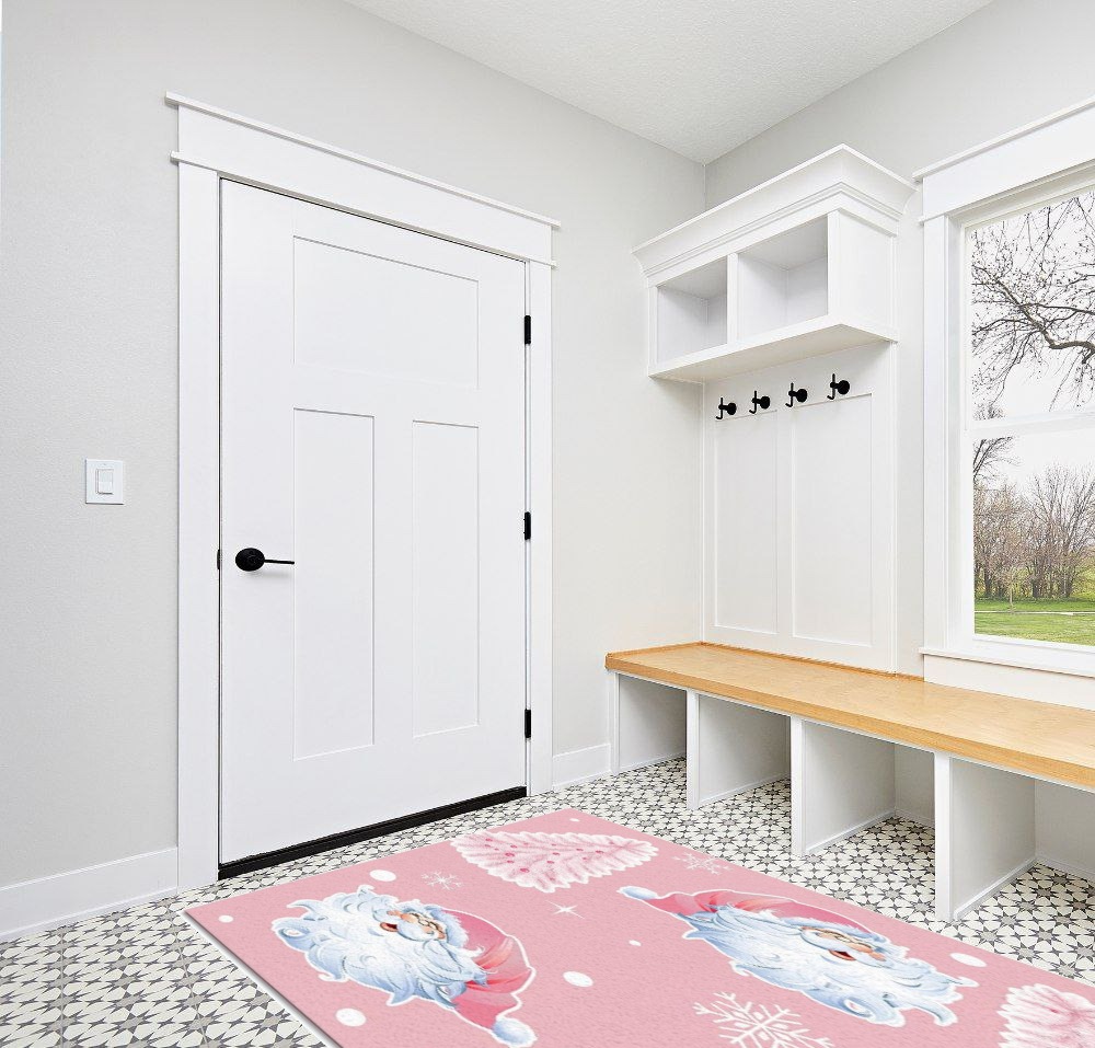 Pink Christmas Area Rug 5 x 8, Washable Bedroom Rug Non-Slip Kitchen Rugs Non Shedding Floor Cover Mat Runner Rug for Living Room Dining Room Outdoor Carpet Snowflake Xmas Tree Santa Claus in White Modern Entryway