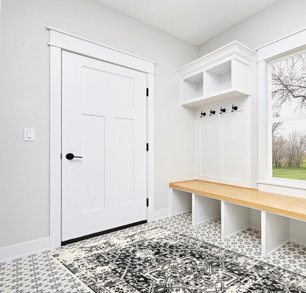 nuLOOM Jordana Vintage Distressed Medallion Area Rug, 5x8, Black and White in White Modern Entryway