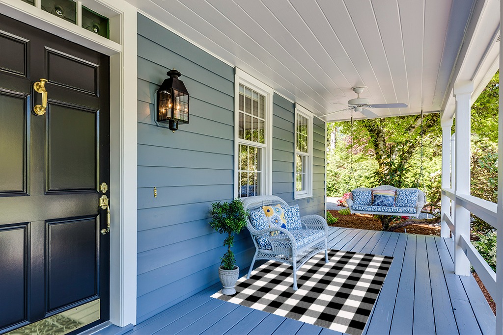 Buffalo Plaid x Rug Inch for Layered Hello Door Mats Washable Black and White Checked Outdoor Rugs Carpet Front Entryway (Black White, 48 x 72 Inch) in Light Blue Patio