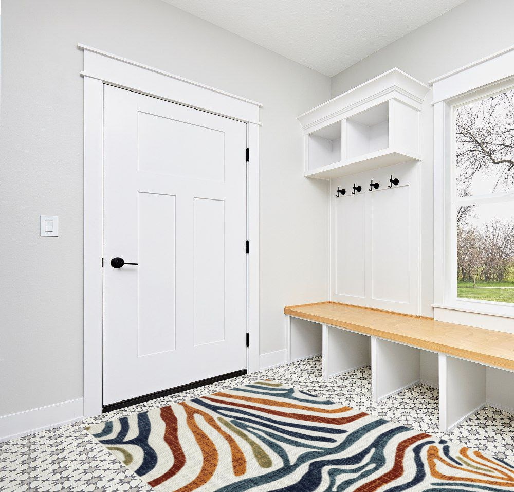Abani Colorful Contemporary Zebra Print Area Rug Rugs - Multicolor Non-Shed 5'3" x 7'6" (5x8) Animal Pattern Blue & Brown Indoor/Outdoor Rug in White Modern Entryway