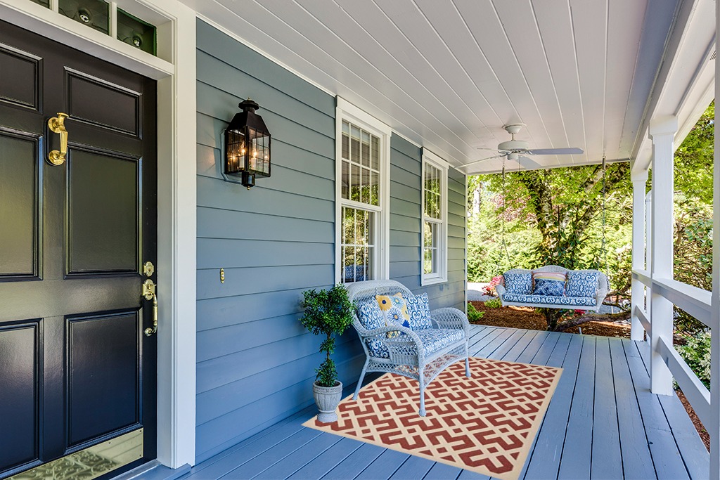 SAFAVIEH Courtyard Collection 4' x 5'7" Red/Bone CY6915 Indoor/ Outdoor Waterproof Easy-Cleaning Patio Backyard Mudroom Accent-Rug in Light Blue Patio