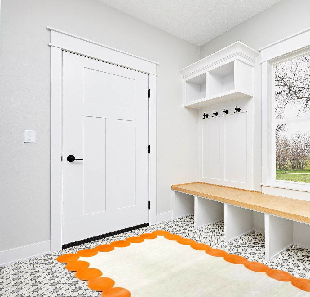 Beige & Orange Irregular Boarder Shape, Modern Handmade Tufted Area Rugs in Beige and Orange Color. in Size 5X8 Feet. in White Modern Entryway