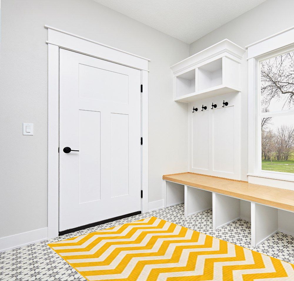 Unique Loom Outdoor Coastal Collection Area Rug - Dalgalar (5' 3" x 8' Rectangle, Yellow/ Ivory) in White Modern Entryway