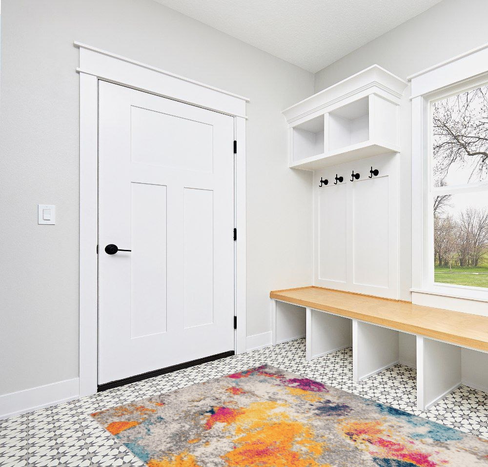 ‎Multi ‎Contemporary ‎Non Slip, Washable ‎Kitchen Rug in White Modern Entryway