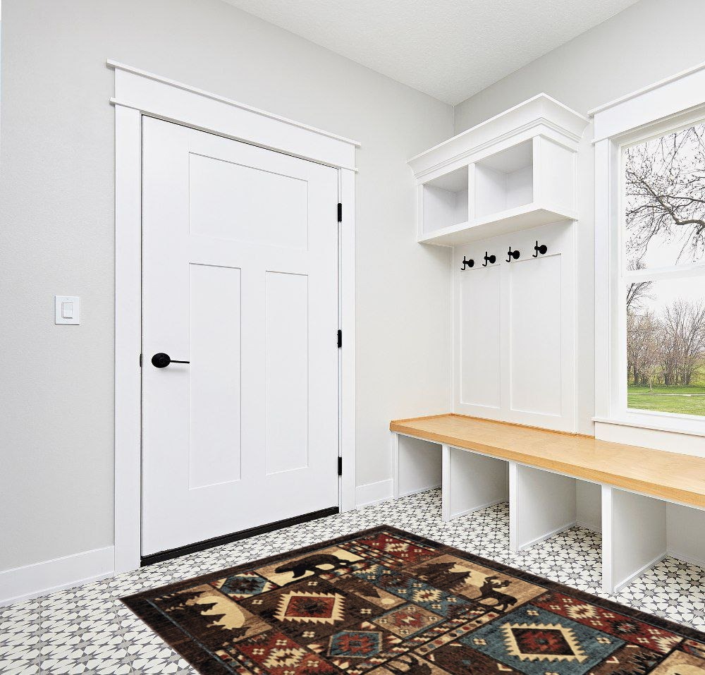 Brown Rustic Fade Resistant, Stain Resistant Kitchen, Bedroom Area Rug in White Modern Entryway