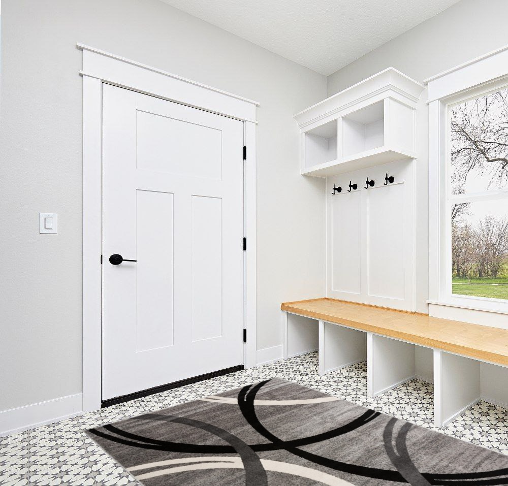 Grey Modern Non Slip Living room, Bedroom, Hallway, Office, Dorm, Kitchen, Dining room Area Rug in White Modern Entryway