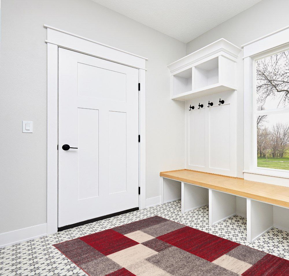 Modern Boxes Design Non-Slip (Non-Skid) Area Rug 5 X 7 (5' 3" X 7' 3") Red in White Modern Entryway