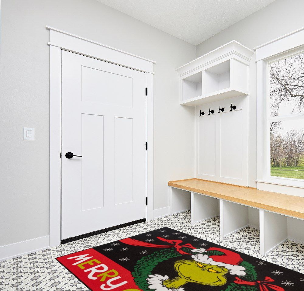 Gertmenian Kids Playroom & Game Room Carpet, The Grinch Childrens Rug, Kids Novelty Home Decor, Ideal Area Rug for Child Bedroom 54x78, Merry Grinchmas Wreath, 28601 in White Modern Entryway