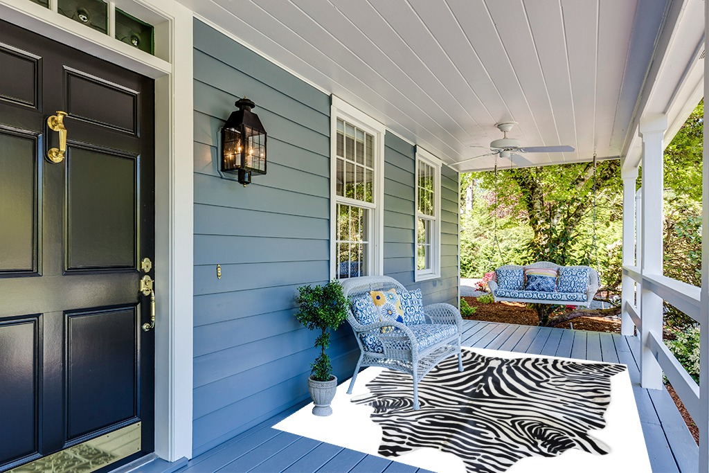 Sunshine Cowhides Genuine Safari Zebra Print Cowhide Rug - Luxurious Cow Rug for Bedroom, Living Room, and Home Decor Enthusiasts - Masterpiece of Style and Functionality - 6x7ft (180x210cm) in Light Blue Patio