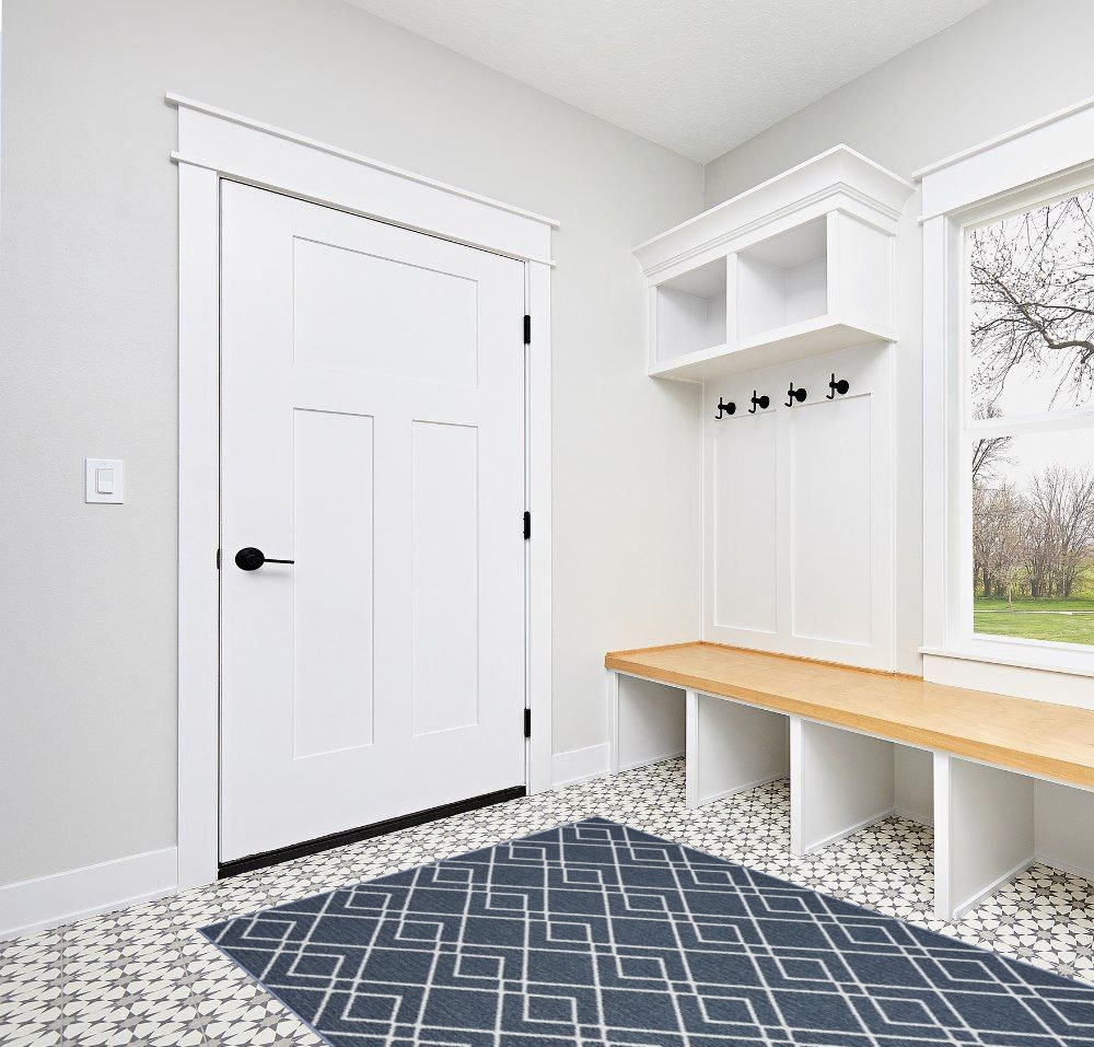 Nourison Modern Lines Modern Geometric Denim 5' x 7' Area -Rug, Easy -Cleaning, Non Shedding, Bed Room, Living Room, Dining Room, Kitchen (5x7) in White Modern Entryway