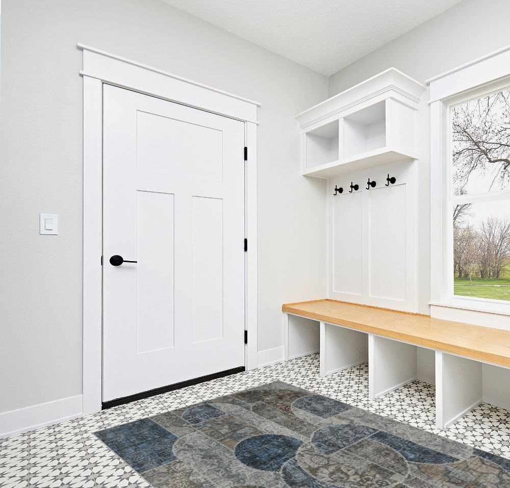 Washable Rug 5x7 Area Rugs for Bedroom, Soft Low Pile Living Room Rugs with Non-Slip Backing, Vintage Patchwork Indoor Floor Carpet for Dining Room Nursery Home Office-Blue/Grey in White Modern Entryway
