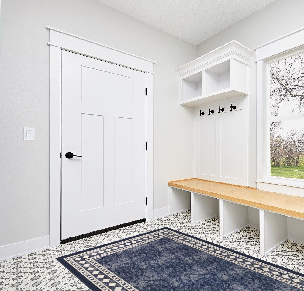 Antep Rugs Alfombras Modern Bordered 5x7 Non-Skid (Non-Slip) Low Profile Pile Rubber Backing Indoor Area Rugs (Navy Blue, 5' x 7') in White Modern Entryway