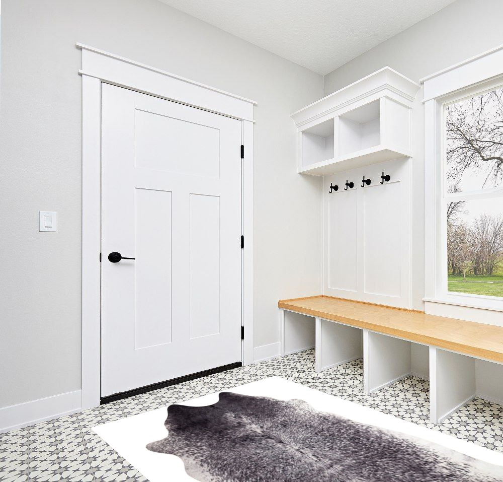 Faux Cowhide Printed (Hairless) Rug 5ft x 6.5ft, Black and White Brindle in White Modern Entryway