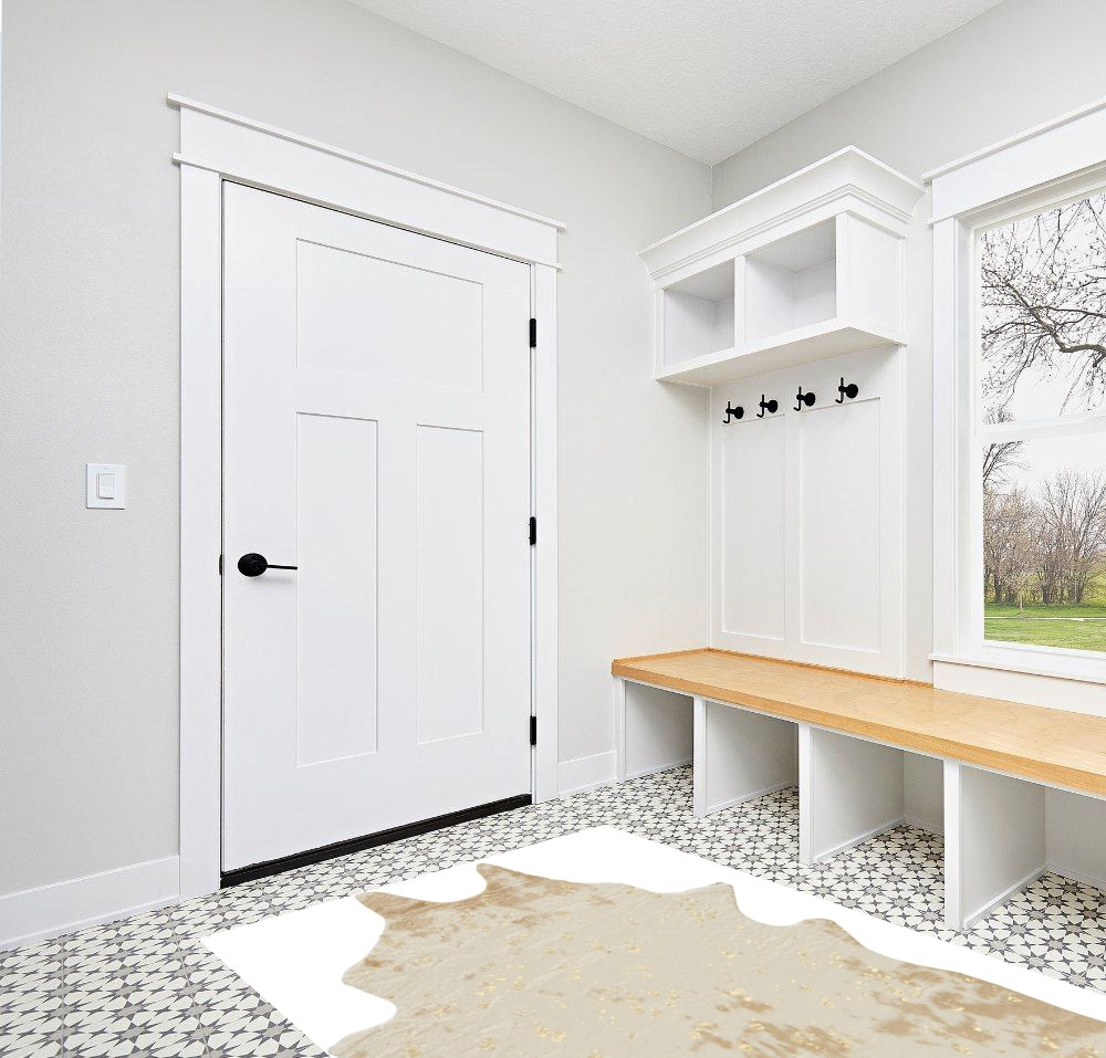 Signature Design by Ashley Jaxith Farmhouse 5 x 7 Medium Pile Cowhide Rug, Ivory & Tan in White Modern Entryway