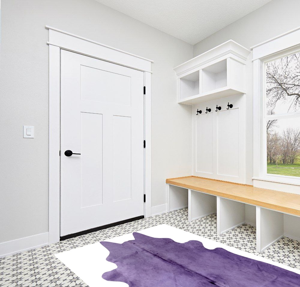 Natural Geneva Cowhide Area Rugs for Living Room and Bedroom | Handmade 100% Cow Rug with Low Pile | Shed-Resistant Home and Office Rug, Purple, 5 ft x 7 ft in White Modern Entryway