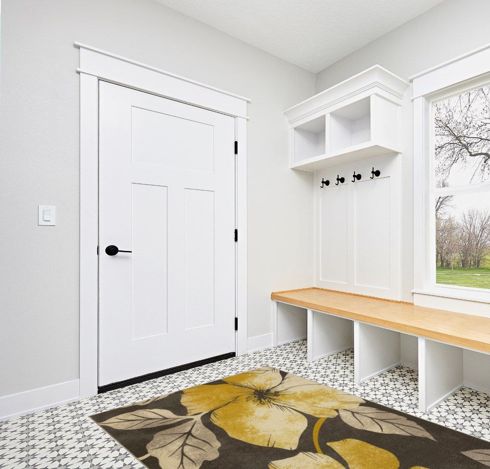 CAMILSON Solana Modern Floral 5x7 Area Rugs Non-Skid (Non-Slip) Rubber Backing Yellow - Brown Flowers Indoor Rug (5 x 7, Yellow Brown) in White Modern Entryway