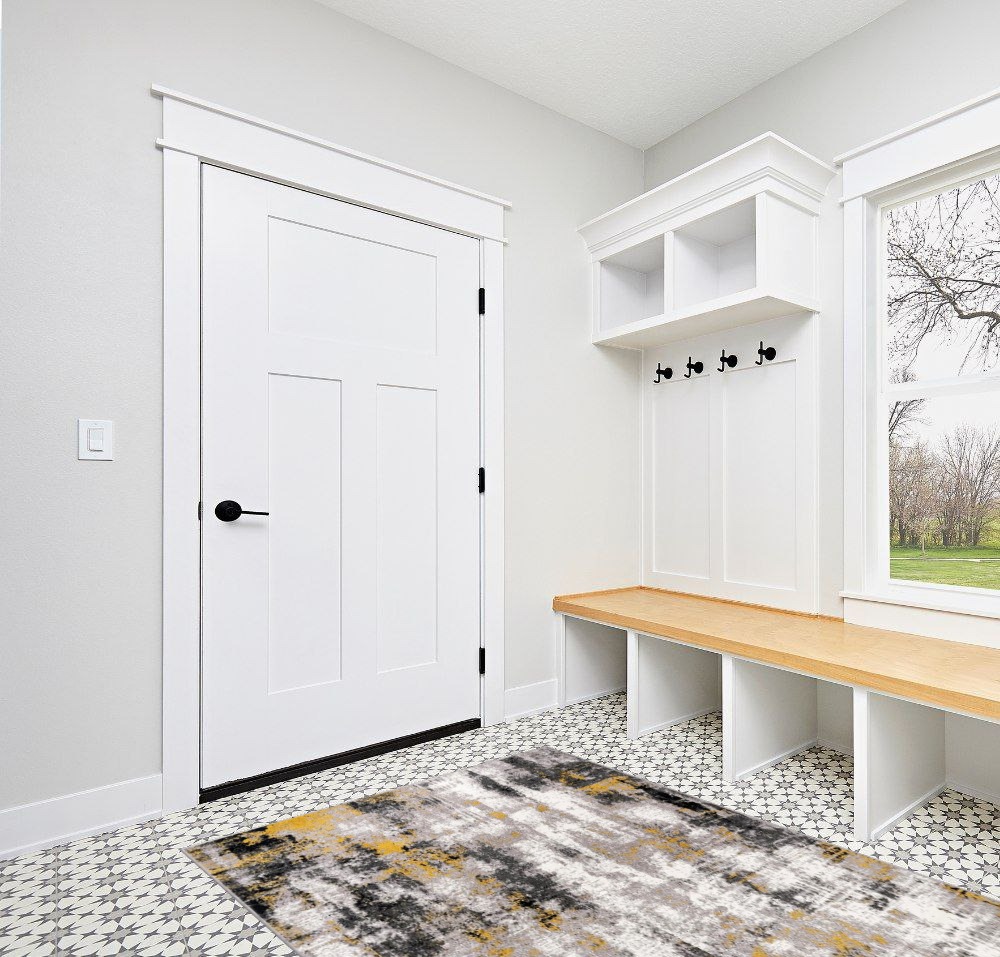 Rugshop Tralee Modern Abstract Stain Resistant Area Rug 5' x 7' Yellow in White Modern Entryway