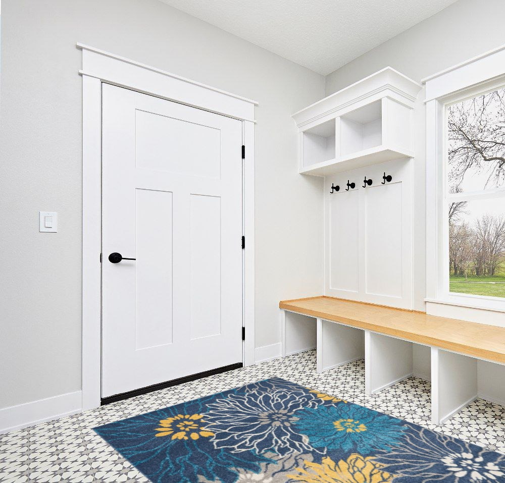 Nourison Passion Blue 5'3" x 7'3" Area-Rug, Floral, Farmhouse, Easy-Cleaning, Non Shedding, Bed Room, Living Room, Dining Room, Kitchen, (5' x 7') in White Modern Entryway