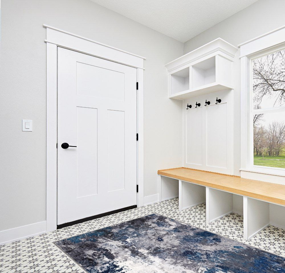 COLORPAPA Modern Abstract Area Rug 5x7 Washable Rug for Living Room Bedroom Dining Room Office Non-Slip Soft Floor Carpet, Gray/Blue/Ivory in White Modern Entryway