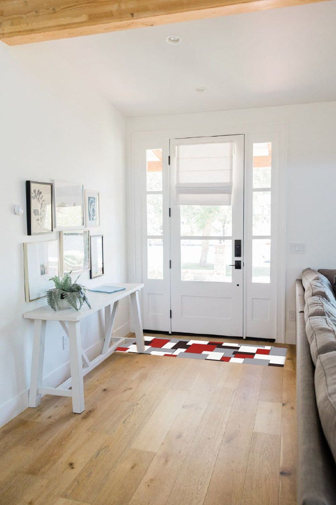 Hallway Runner Rug,Mid Century Abstract Geometric 3D Digital Print Red Gray Non Slip Water Absorbent Rug Indoor Entrance Floor Mat Runner for Home Garage Kitchen Laundry 19.7x63in in White Scandinavian Entryway