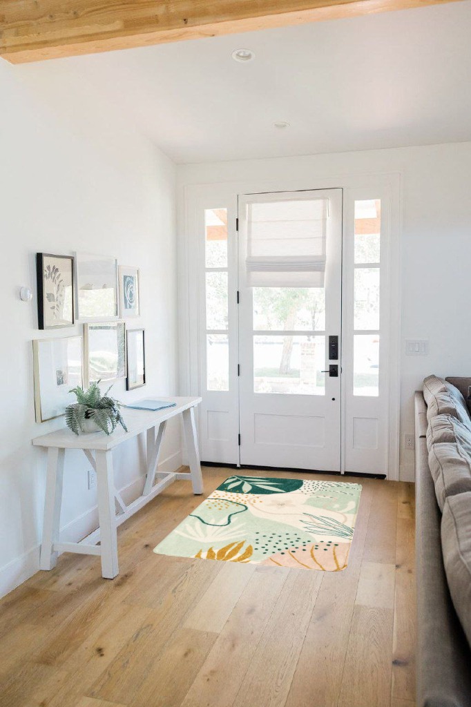 Botanical Print Small Rug Modern Abstract Non-Slip Minimalist Art Area Rug in White Scandinavian Entryway