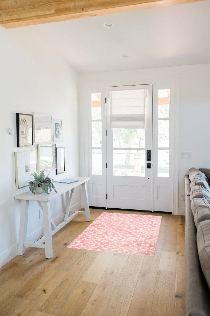 Nursery Rug Pink Non-Slip in White Scandinavian Entryway