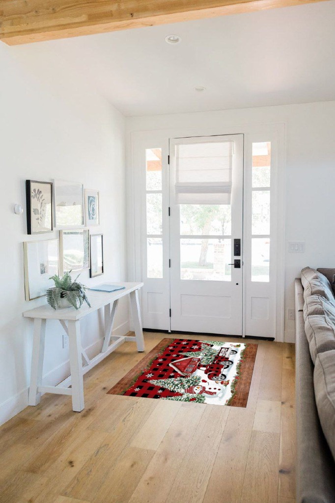 Area Rug 2x3 Feet, Xmas Tree Snowflake Snowman Christmas Red Truck Rug, Rugs for Living Room Decor Bedroom Decor Kids Room, Non-Slip Living Room Rugs, Comrft Carpet Washable Rug in White Scandinavian Entryway