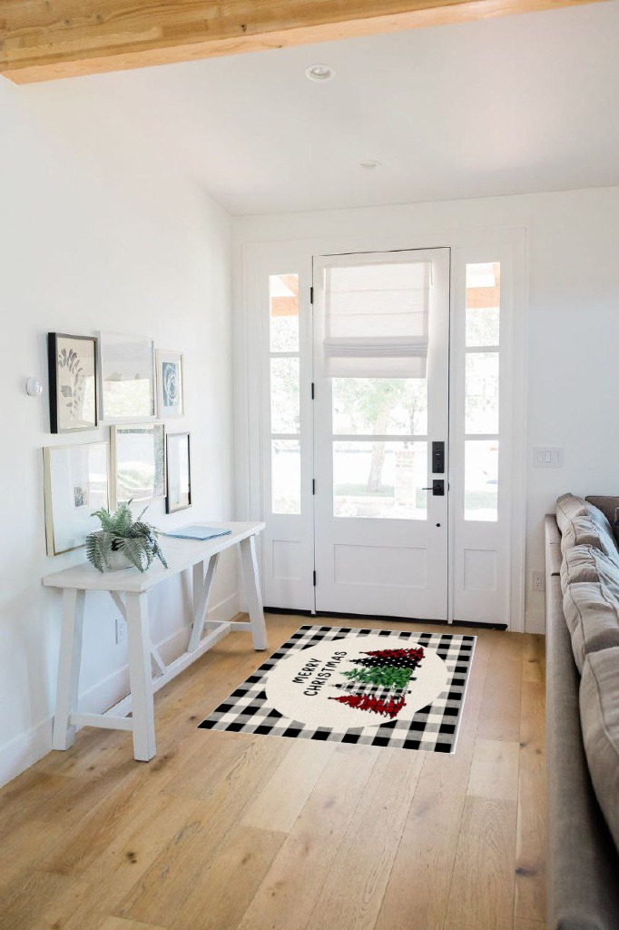 Area Rug, Black Buffalo Plaid Xmas Tree Merry Christmas Rug, 2x3 Feet Rugs for Living Room Bedroom Kids Room Kids Room Nursery Classroom, Non-Slip Comrft Carpet Washable Rug in White Scandinavian Entryway