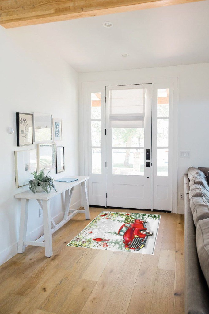 Area Rug, Snowflake Winter Cardinals Xmas Tree Vintage Red Truck Merry Christmas Rug, 2x3 Feet Rugs for Living Room Bedroom Kids Room Kids Room Nursery Classroom, Non-Slip Comrft Carpet Washable Rug in White Scandinavian Entryway
