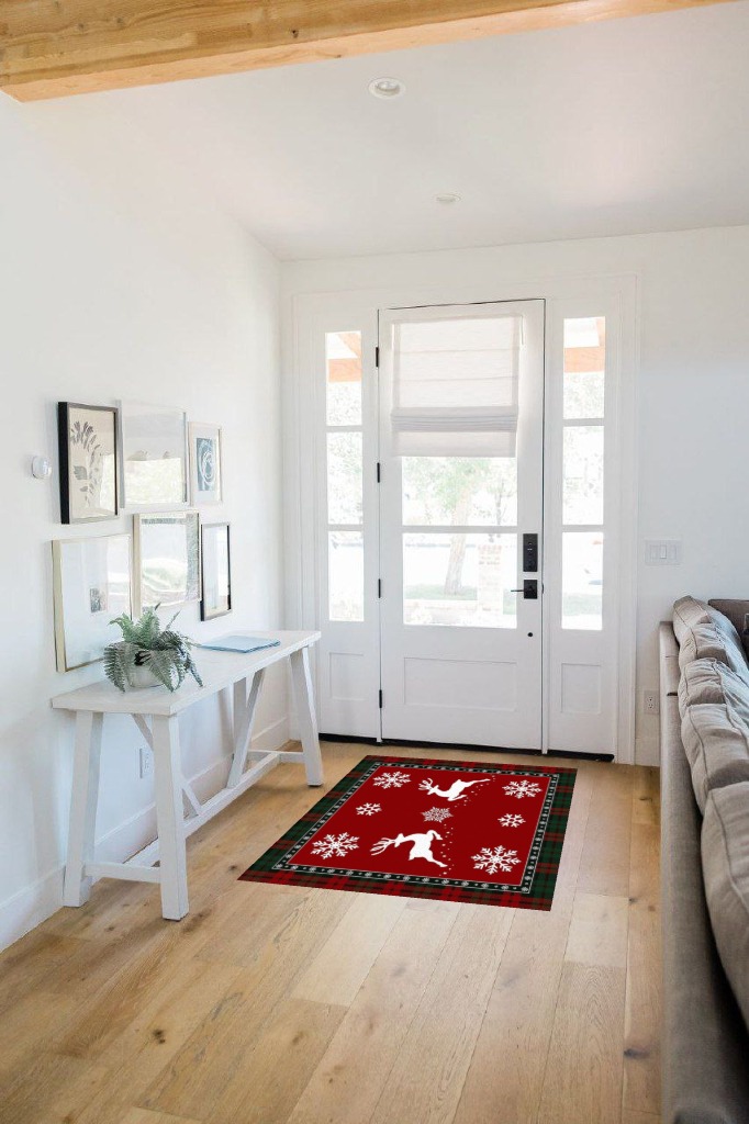 Area Rug, Winter Snowflake Elk Reindeer Red Buffalo Plaid Merry Christmas Rug, 2x3 Feet Rugs for Living Room Bedroom Kids Room Kids Room Nursery Classroom, Non-Slip Comrft Carpet Washable Rug in White Scandinavian Entryway