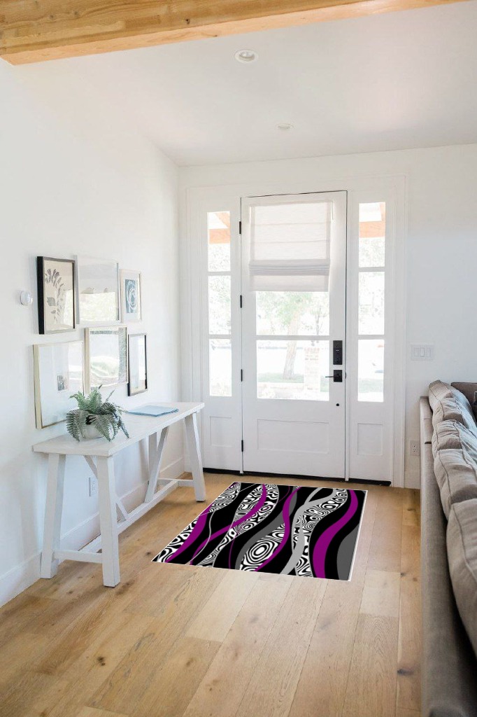 Large Area Rug, Purple Geometric Non-Slip Indoor Accent Area Carpet, Black White Moire Modern Abstract Art Fluffy Shaggy Runner Rug for Living Room, Bedroom, Kids Room, 2'7"x 5" in White Scandinavian Entryway