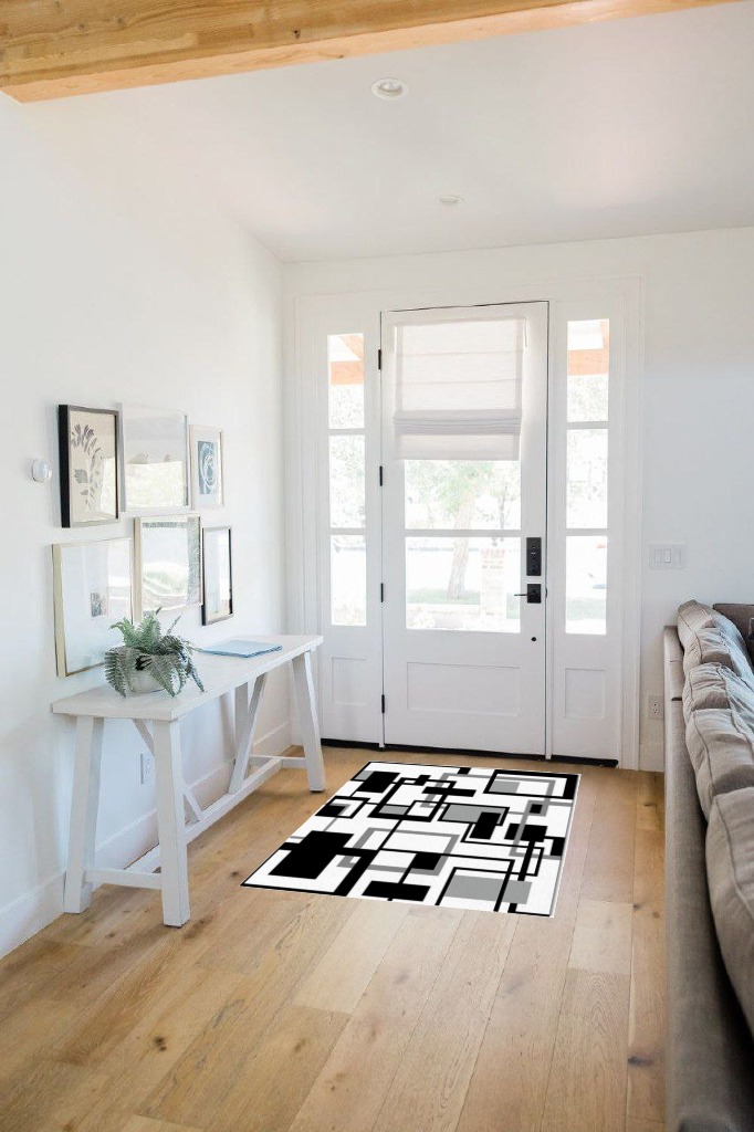 Large Area Rug, Black Grey Geometric Non-Slip Indoor Accent Area Carpet, Modern Abstract Art White Fluffy Shaggy Runner Rug for Living Room, Bedroom, Kids Room, 2'7"x 5" in White Scandinavian Entryway