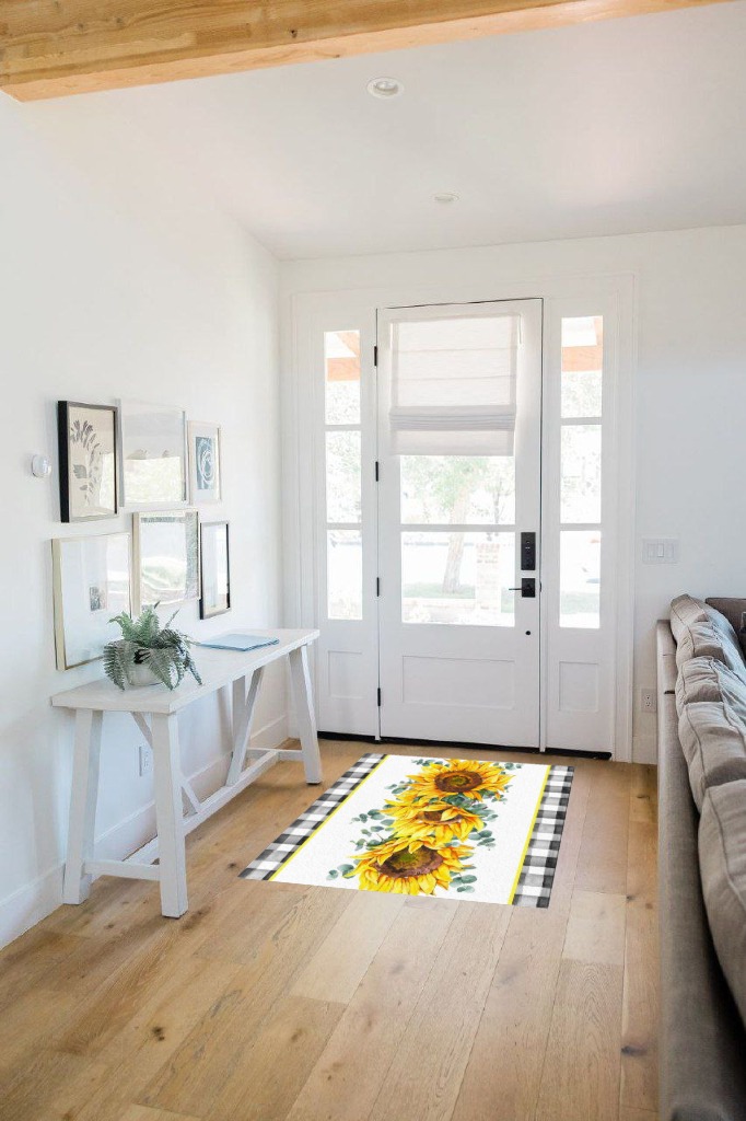 Large Area Rug, Sunflower Non-Slip Indoor Accent Area Carpet, Spring Floral Eucalyptus Leaves Black White Plaid Fluffy Shaggy Runner Rug for Living Room, Bedroom, Kids Room, 2'7"x 5" in White Scandinavian Entryway