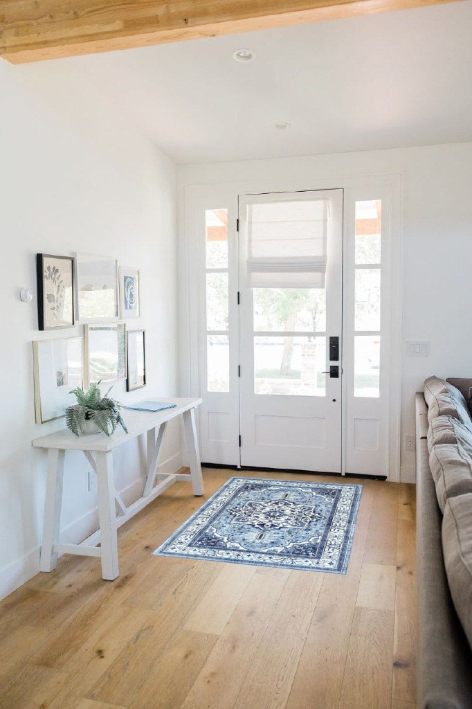 BRICHOEE Vintage Area Rug 3x5 Feet Grey Blue Thin Entryway Mat for Kitchen Indoor Machine Washable Foldable Doormat Distressed Persian Boho Rug in White Scandinavian Entryway