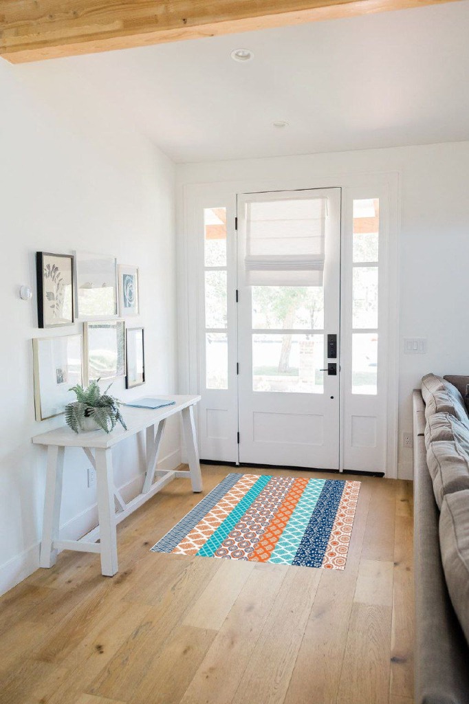Large Area Rug, Teal Orange Striped Non-Slip Indoor Accent Area Carpet, Boho Modern Geometric Abstract Art Fluffy Shaggy Runner Rug for Living Room, Bedroom, Kids Room, 3'x 5' in White Scandinavian Entryway