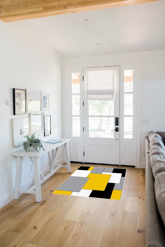 Washable Area Rug 3'x5', Yellow Black and Gray Geometric Pattern Modern Abstract Art Soft Indoor Outdoor Floor Carpet, Non-Slip Ultra-Thin Area Rugs for Living Room/Bedroom/Kitchen Aesthetic Decor in White Scandinavian Entryway