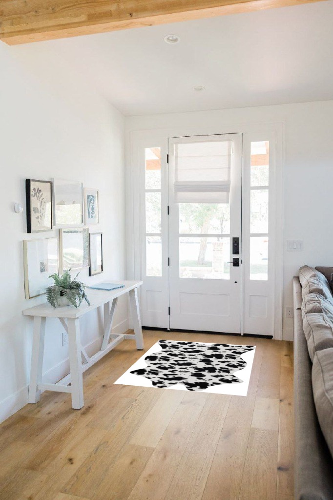 Aoczes Cute Cow Print Rug Black and White Small Faux Cowhide Rug Animal Print Cow Rug for Table Bedroom Living Room Western Home Decor Mat, 3.6x2.46 Feet(75x110cm) in White Scandinavian Entryway