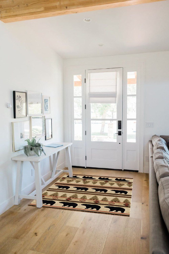 Rustic Lodge, Bear Cabin 4x5 Area Rug, 3'11"x5'3" Multi 7482 in White Scandinavian Entryway