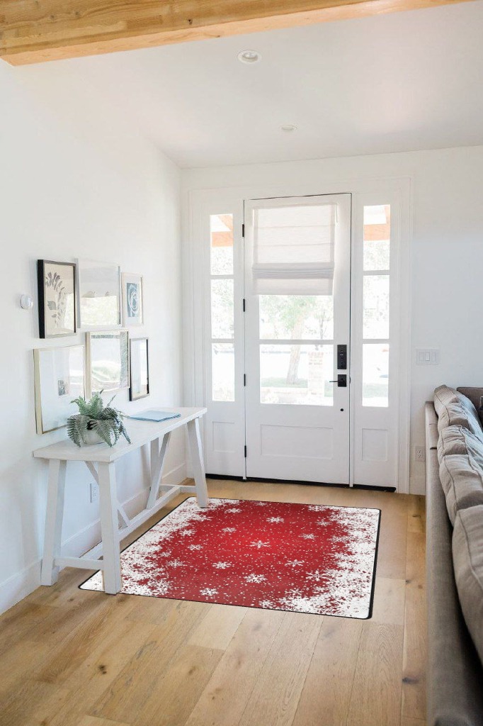 ALAZA White Snowflake Red Christmas Non Slip Area Rug 4' x 5' for Living Dinning Room Bedroom Kitchen Hallway Office Modern Home Decorative in White Scandinavian Entryway