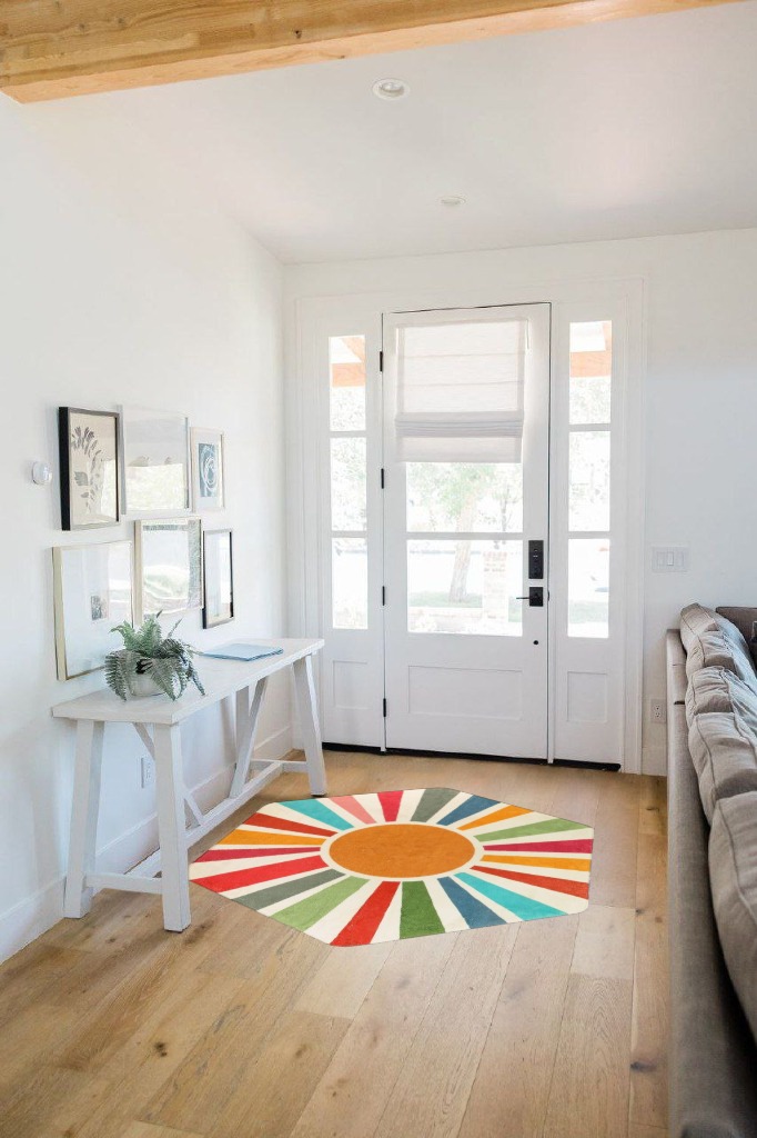 STARUIA Retro Sun Boho Rug for Bedroom,4'x 4'7"Hexagon Washable Colorful Kids Rug for Nursery Room,Ultra Soft Non-Slip Carpet Indoor Mat for Christmas Classroom Living Room Entryway in White Scandinavian Entryway