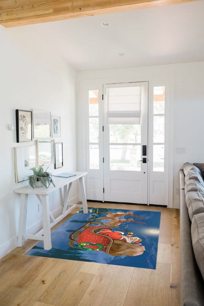 Christmas Outdoor Rug, Large Floor Mat Elk and Santa Claus Holiday Celebration Non Slip Area Rug Rubber Backing Quick Dry Clearance Carpet Camping Rugs for Garden, Lawn, Deck, Porch, 4' x 6' in White Scandinavian Entryway
