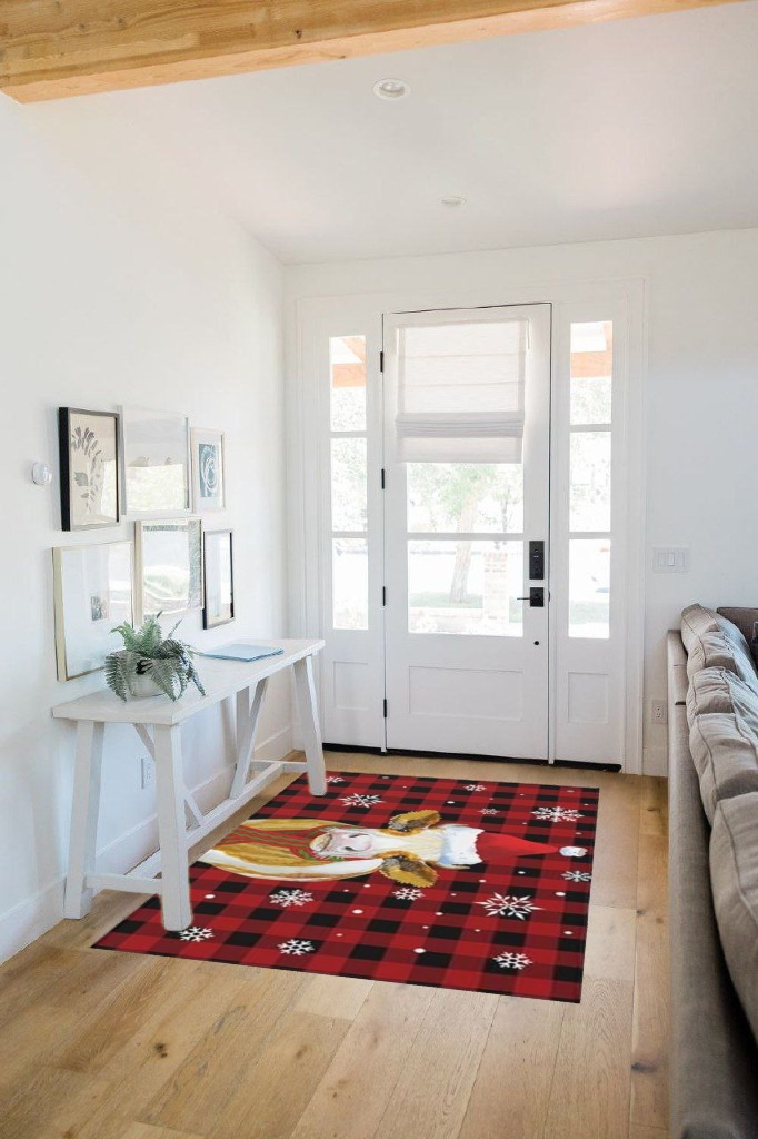 Christmas Red Black Plaid Area Rug 4' x 6', Outdoor Rugs for Patio Rug Carpet for Sofa Living Room Bedroom, Large Floor Mat and Rug for RV, Backyard, Deck, Picnic, Cattle with Xmas Hat in White Scandinavian Entryway