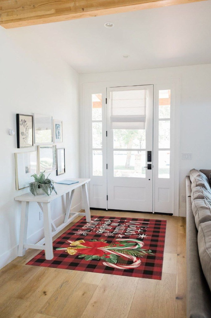 Red Black Buffalo Plaid Outdoor Camping Rug 4" x 6" - Outdoor Patio Rug Area Rug Decor, Holly Christmas Snowflakes Water Absorbent Large Outdoor Carpet for RV, Porch, Deck, Balcony, Picnic in White Scandinavian Entryway