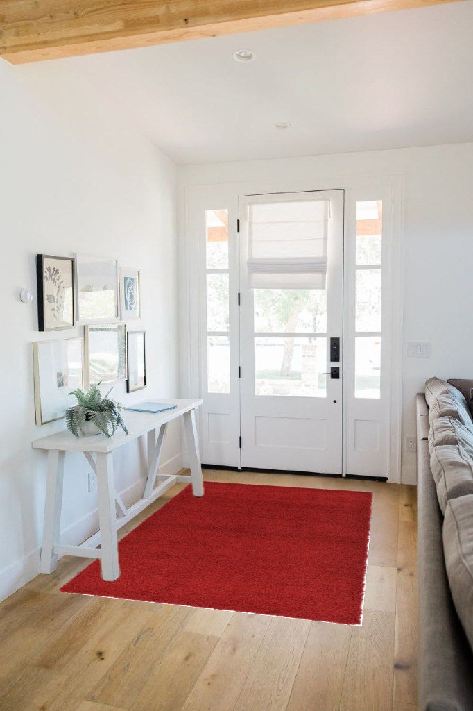 Unique Loom Solid Shag Collection Area Rug (4' 1" x 6' 1" Rectangle, Cherry Red) in White Scandinavian Entryway