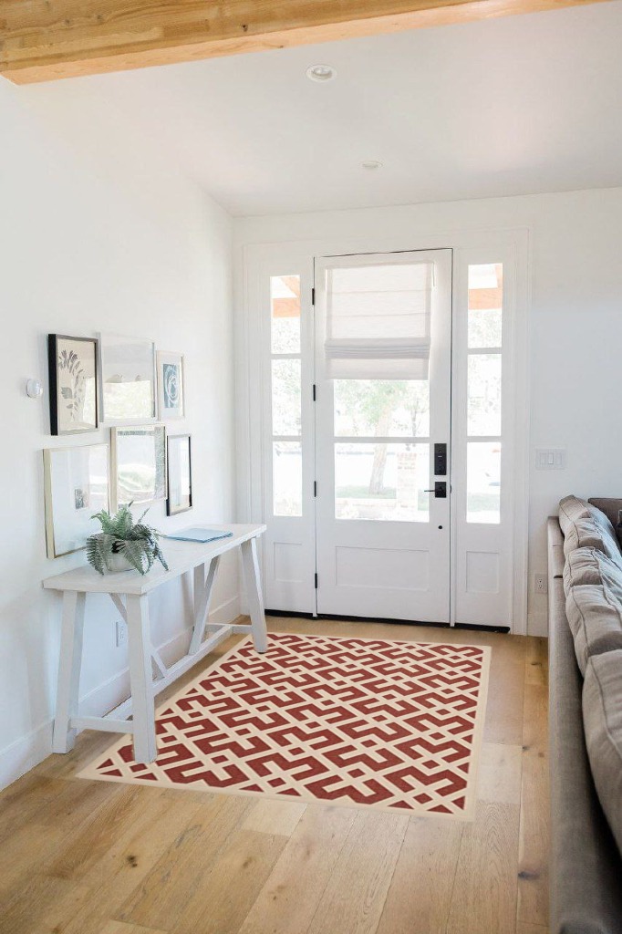SAFAVIEH Courtyard Collection 4' x 5'7" Red/Bone CY6915 Indoor/ Outdoor Waterproof Easy-Cleaning Patio Backyard Mudroom Accent-Rug in White Scandinavian Entryway