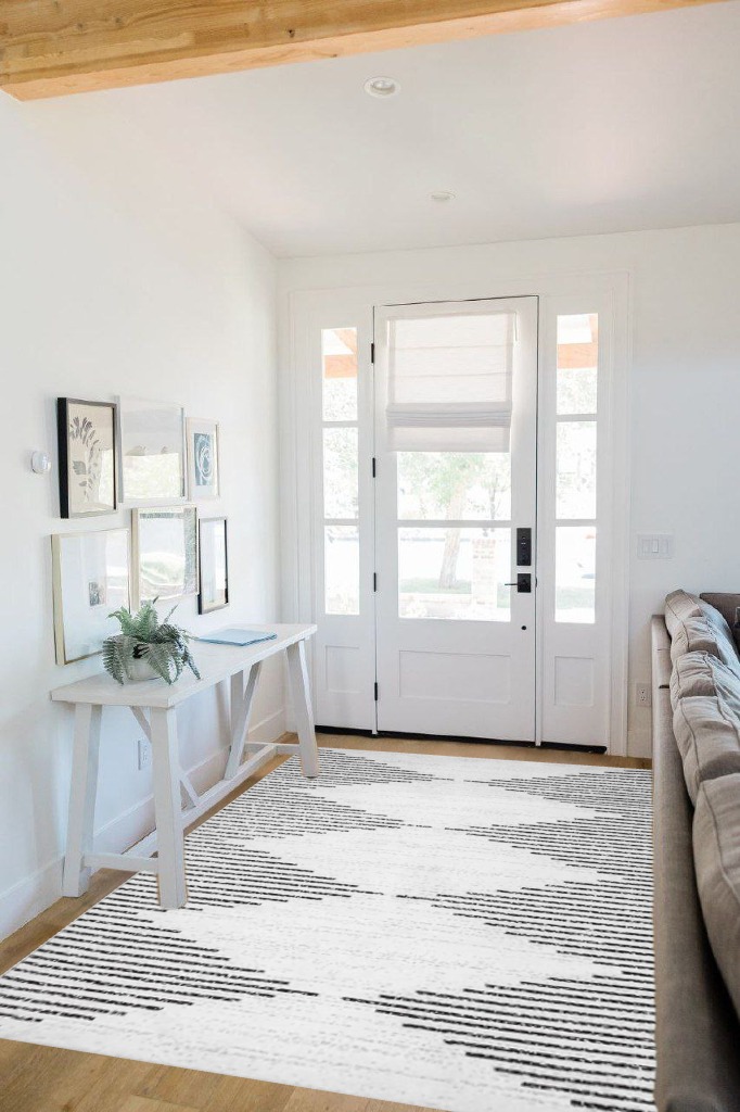 Washable Diamond Stripes Area Rug in White Scandinavian Entryway