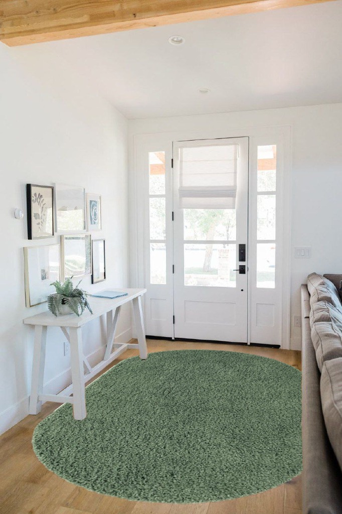5x8 Oval Green fluffy rug in White Scandinavian Entryway