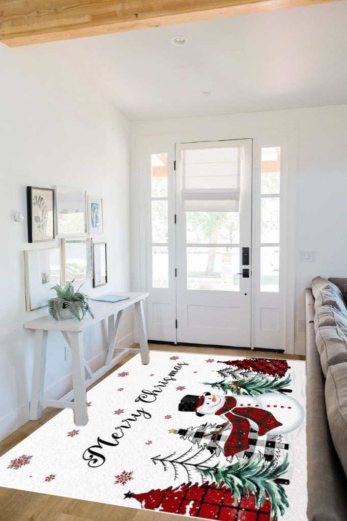 Christmas Snowman Area Rug for Living Room, Rectangular Indoor Carpet - 5' x 8', Winter Snowflake Xmas Tree Plaid Non-Skid Bathroom Mat Kitchen Runner Rugs for Bedroom in White Scandinavian Entryway